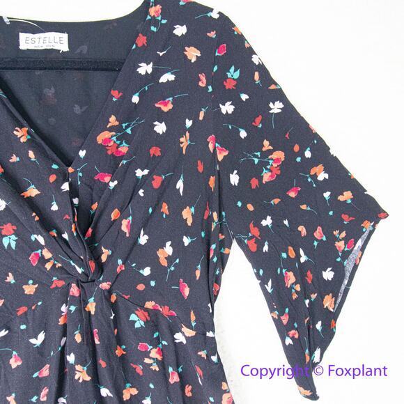 Estelle black red floral print mini dress twisted front, elastic waist,‎ size M - Picture 3 of 9
